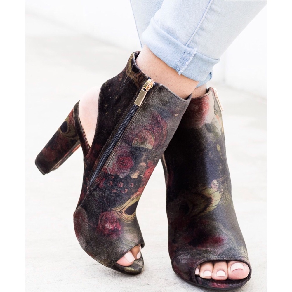 Black Floral Peep Toe Block Heel Booties